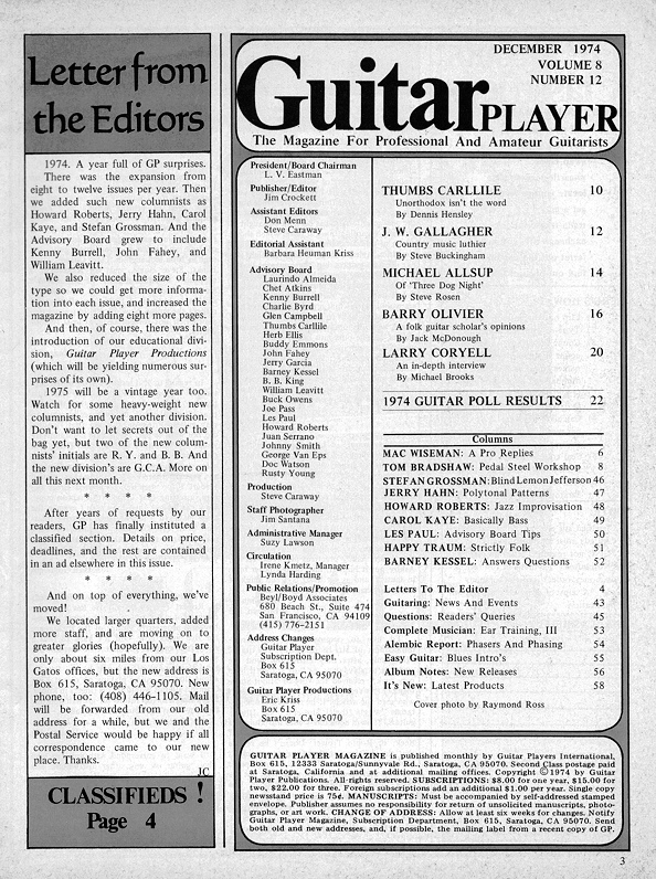 Guitar Player Magazine Contents, Dec 1974