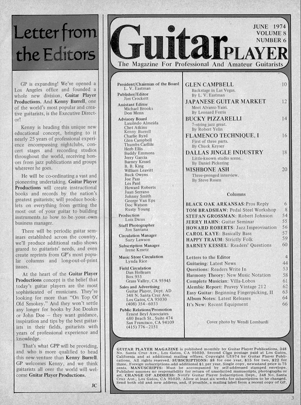 Guitar Player Magazine Contents, Jun 1974
