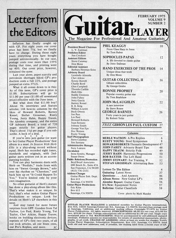 Guitar Player Magazine Contents, Feb 1979