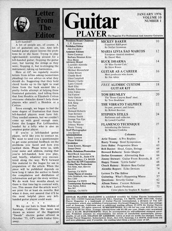 Guitar Player Magazine Contents, Jan 1976