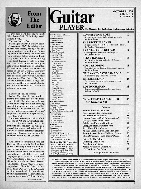 Guitar Player Magazine Contents, Oct 1976