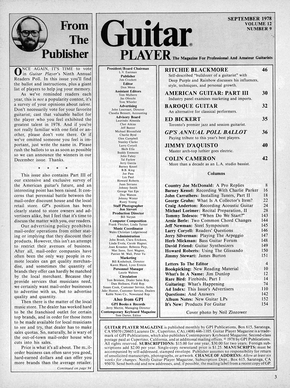 Guitar Player Magazine Contents, Sep 1978