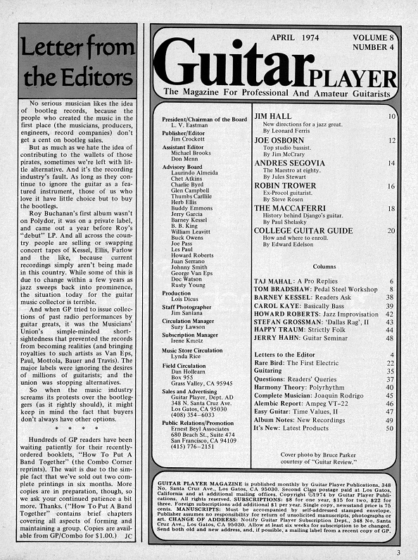 Guitar Player Magazine Contents, Apr 1974