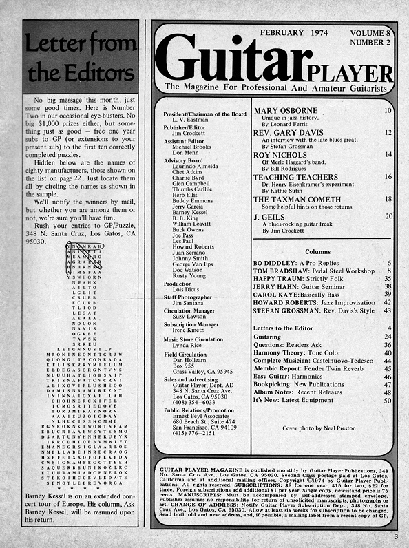 Guitar Player Magazine Contents, Feb 1974