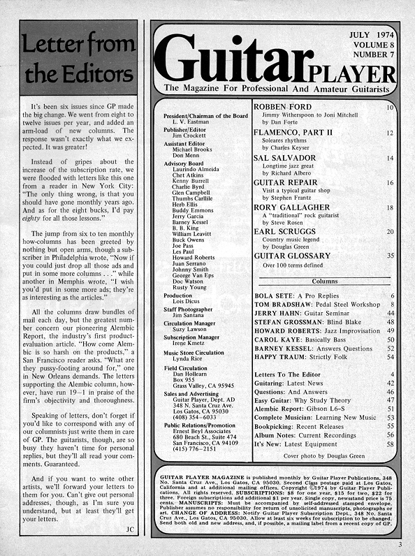 Guitar Player Magazine Contents, Jul 1974