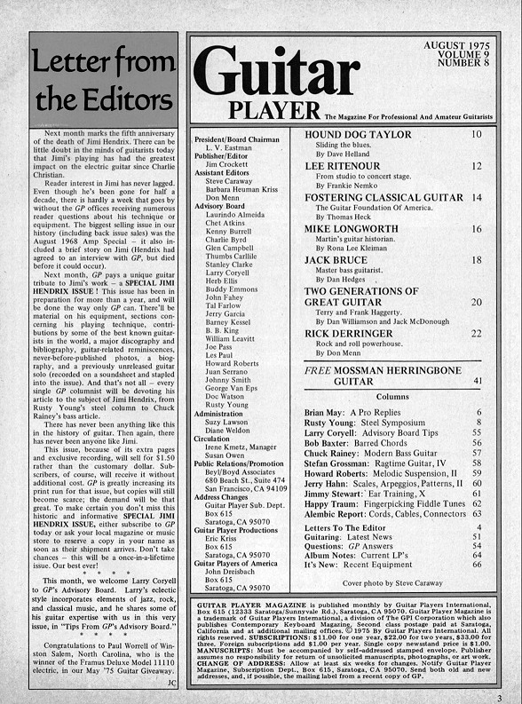 Guitar Player Magazine Contents, Aug 1975