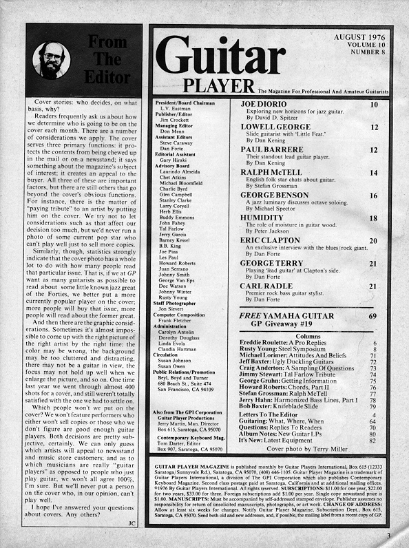 Guitar Player Magazine Contents, Aug 1976