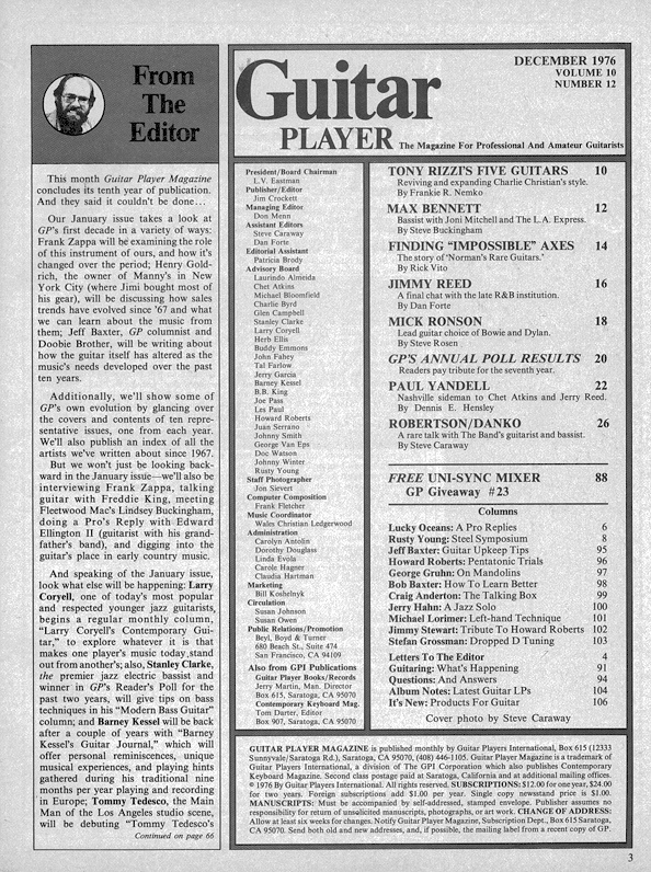 Guitar Player Magazine Contents, Dec 1976