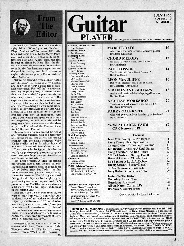 Guitar Player Magazine Contents, Jul 1976