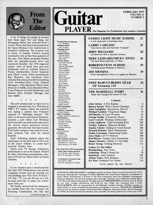 Guitar Player Magazine Contents, Feb 1977