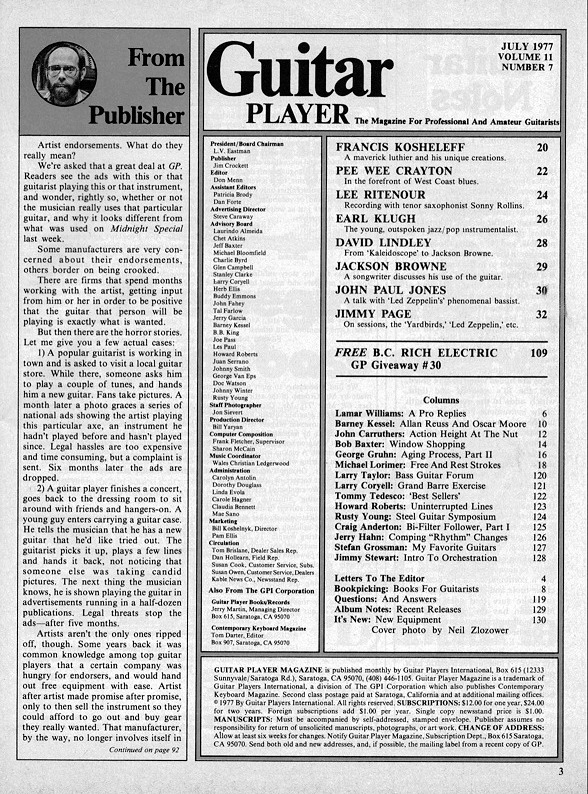 Guitar Player Magazine Contents, Jul 1977