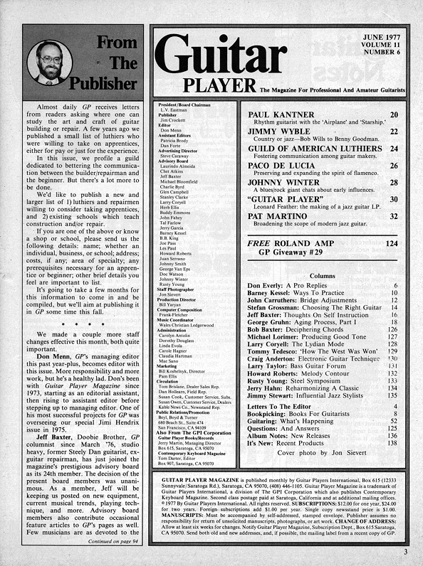 Guitar Player Magazine Contents, Jun 1977