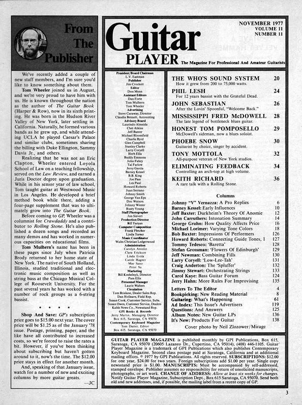 Guitar Player Magazine Contents, Nov 1977