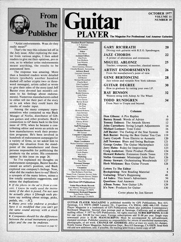 Guitar Player Magazine Contents, Oct 1977