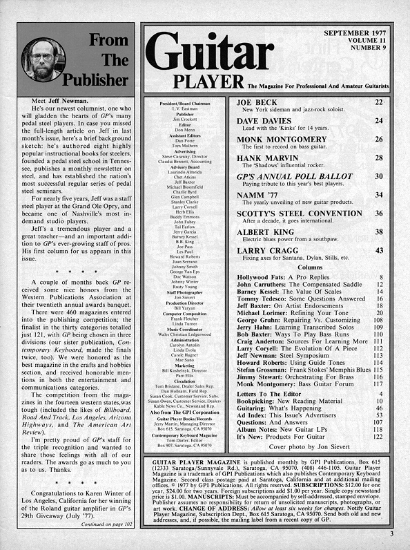 Guitar Player Magazine Contents, Sep 1977