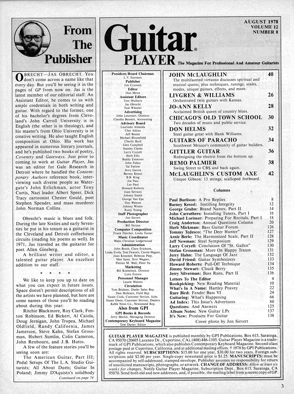 Guitar Player Magazine Contents, Aug 1978
