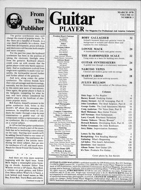 Guitar Player Magazine Contents, Mar 1978